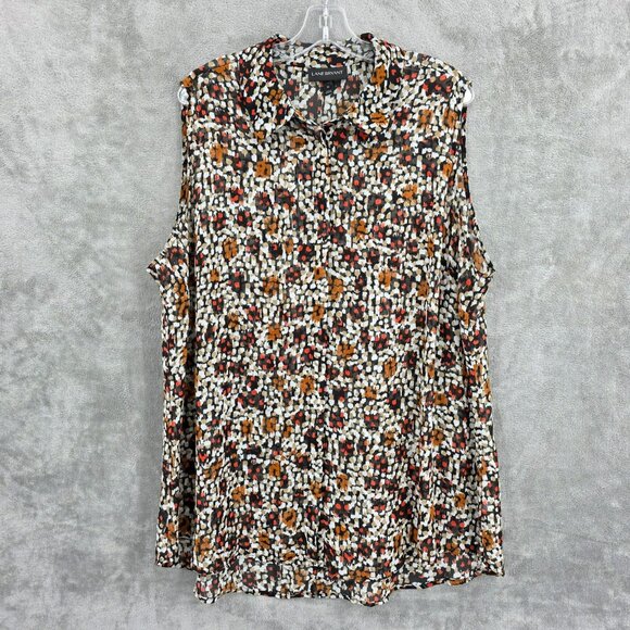 Lane Bryant Sleeveless Button Front Top 24 Black Brown Collared Sheer Split Back - Picture 1 of 11